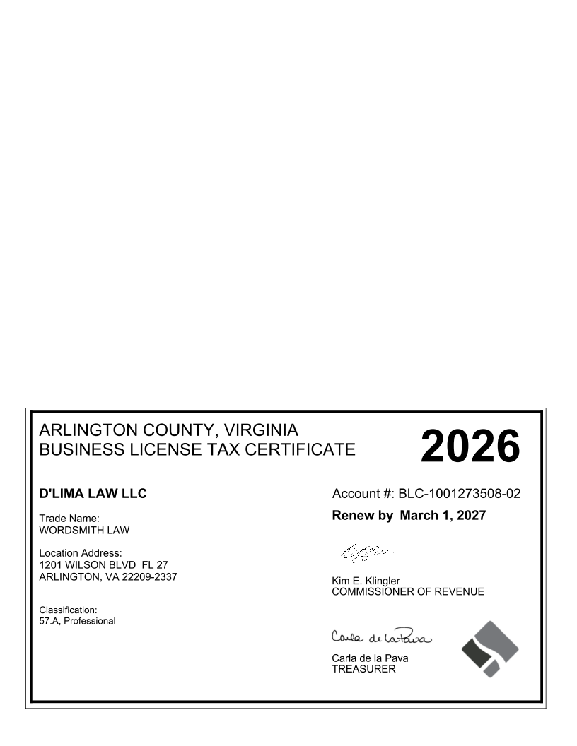Business Certificate (County of Arlington, Commonwealth of Virginia, Country of United States of America